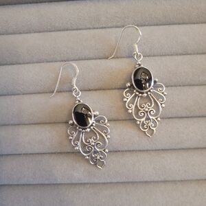 Sterling Silver 925 Onyx Gothic Dangly Drop Earrings/j73